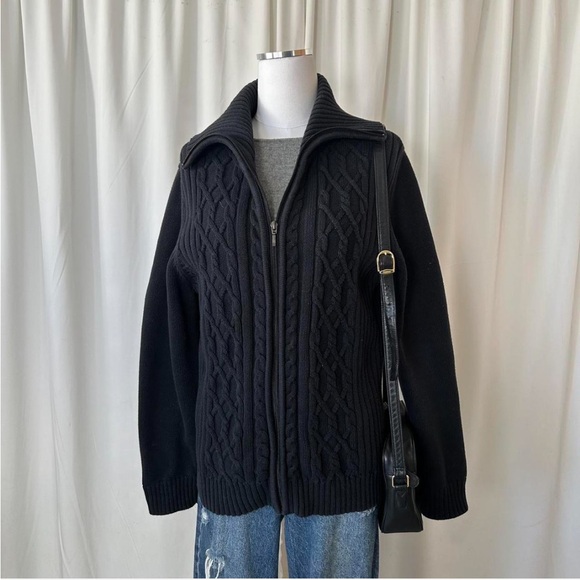 Karen Scott cable knit full-zip cardigan sweater black Medium. - Picture 2 of 8